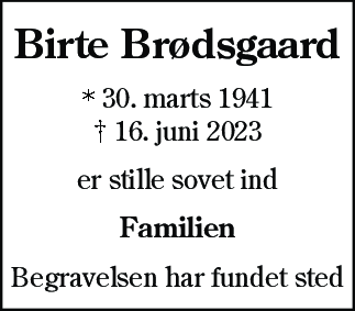 Dødsannonce for Birte Brødsgaard