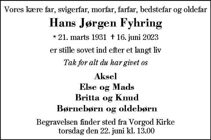 Dødsannonce for Hans Jørgen Fyhring