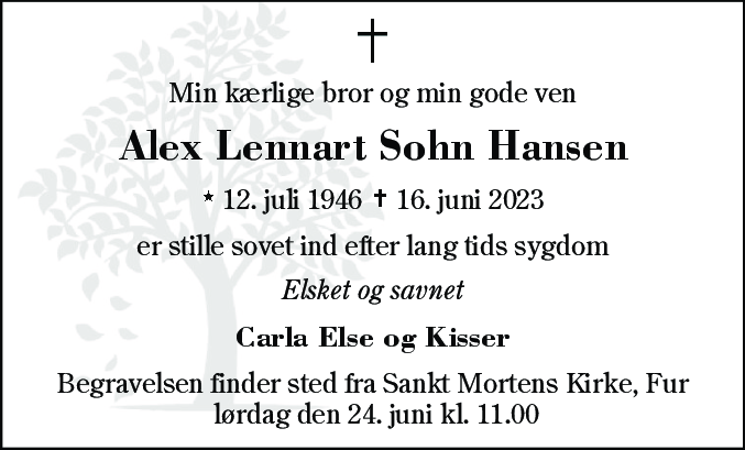 Dødsannonce for Alex Lennart Sohn Hansen