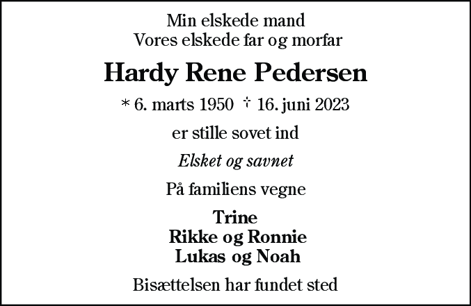 Dødsannonce for Hardy Rene Pedersen