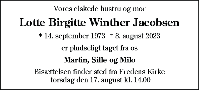Dødsannonce for Lotte Birgitte Winther Jacobsen
