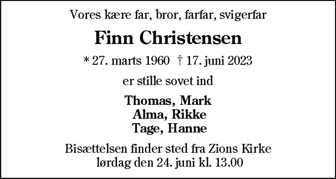 Dødsannonce for Finn Christensen