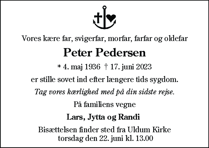 Dødsannonce for Peter Pedersen