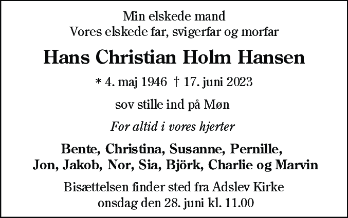 Dødsannonce for Hans Christian Holm Hansen