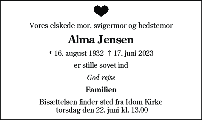 Dødsannonce for Alma Jensen