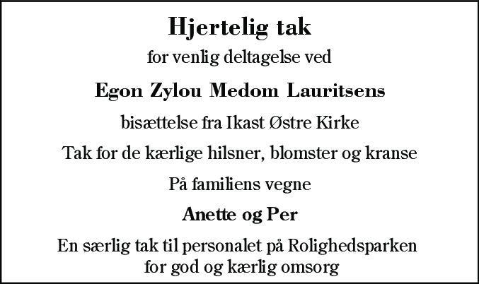 Dødsannonce for Egon Zylou Medom Lauritsen