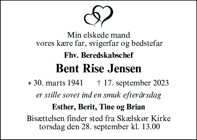 Dødsannonce for Bent Rise Jensen