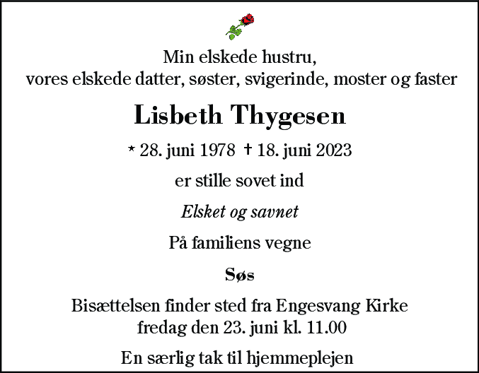 Dødsannonce for Lisbeth Thygesen
