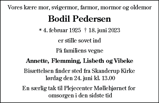 Dødsannonce for Bodil Pedersen