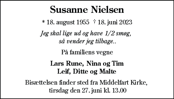 Dødsannonce for Susanne Nielsen