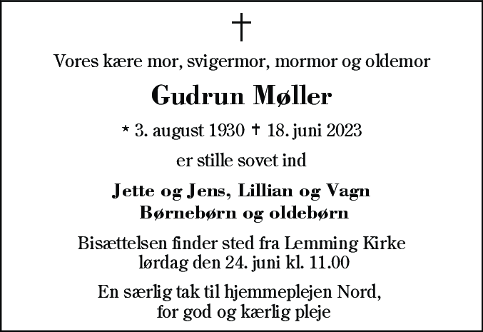 Dødsannonce for Gudrun Møller