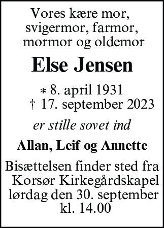 Dødsannonce for Else Kirstine Jensen