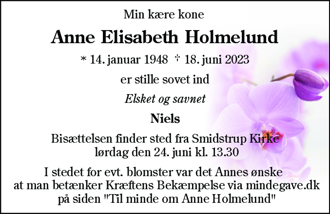 Dødsannonce for Anne Elisabeth Holmelund