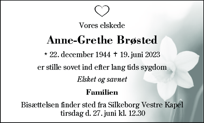 Dødsannonce for Anne-Grethe Brøsted