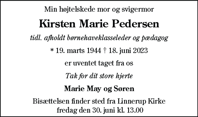 Dødsannonce for Kirsten Marie Pedersen