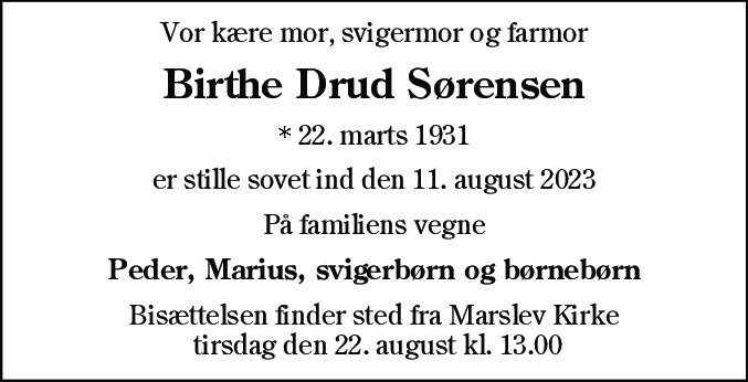 Dødsannonce for Birthe Drud Sørensen