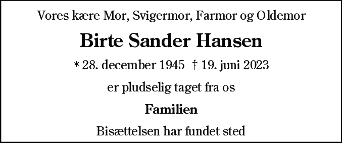 Dødsannonce for Birte Sander Hansen