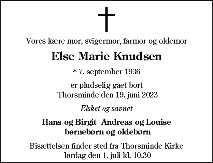 Dødsannonce for Else Marie Knudsen