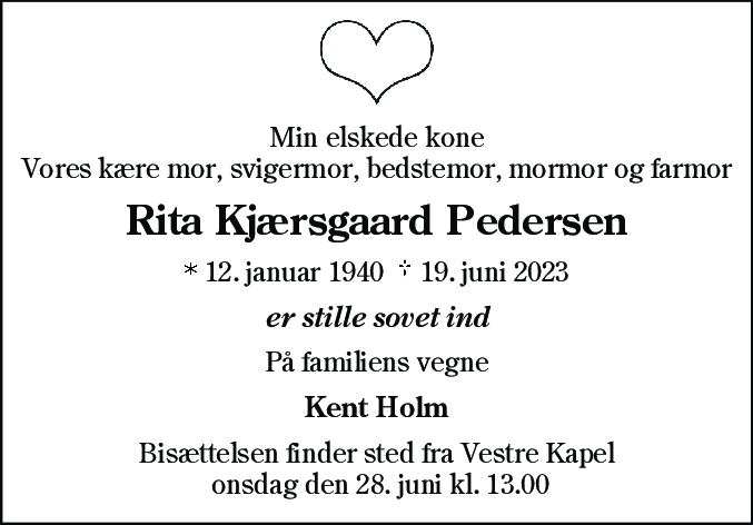 Dødsannonce for Rita Kjærsgaard Pedersen