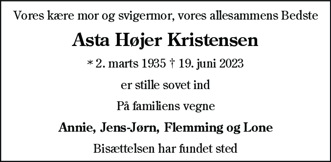 Dødsannonce for Asta Højer Kristensen