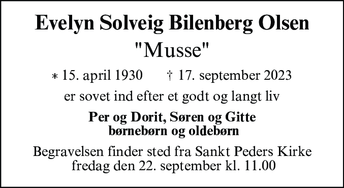 Dødsannonce for Evelyn Solveig Bilenberg Olsen