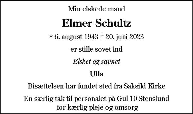 Dødsannonce for Elmer Schultz