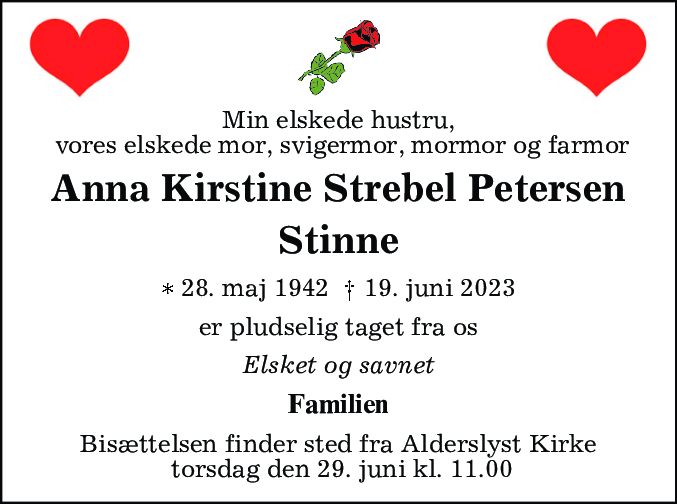 Dødsannonce for Anna Kirstine Strebel Petersen