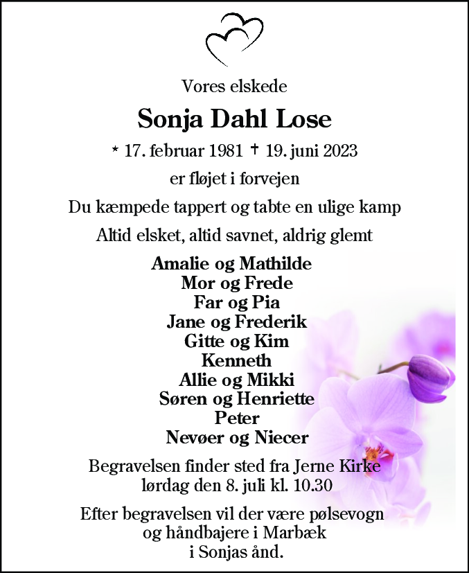 Dødsannonce for Sonja Dahl Lose