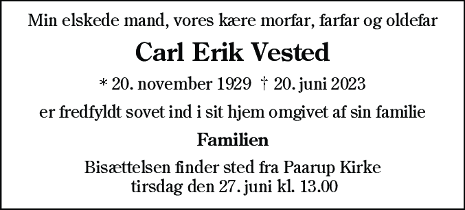 Dødsannonce for Carl Erik Vested