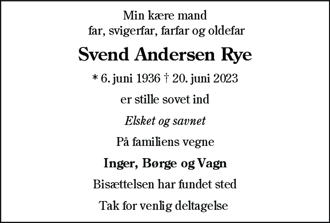Dødsannonce for Svend Andersen Rye