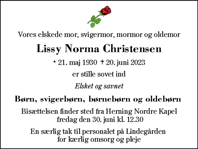 Dødsannonce for Lissy Norma Christensen