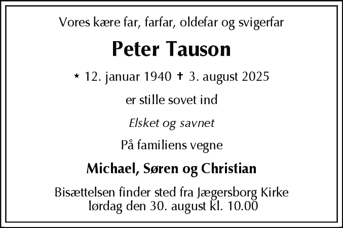Dødsannonce for Peter Tauson