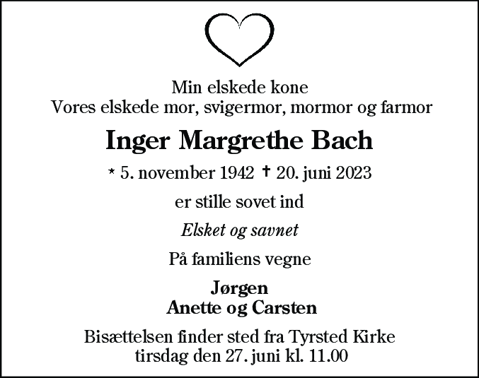 Dødsannonce for Inger Margrethe Bach