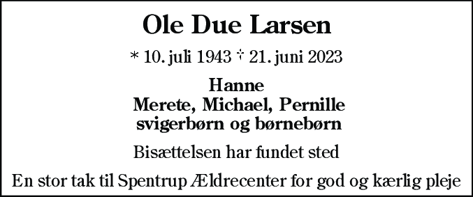 Dødsannonce for Ole Due Larsen