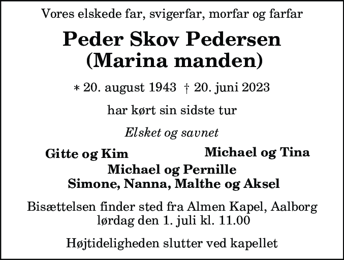 Dødsannonce for Peder Skov Pedersen