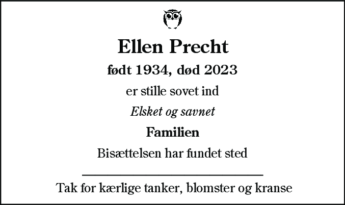 Dødsannonce for Ellen Precht