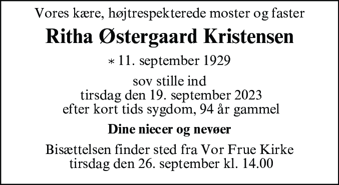Dødsannonce for Ritha Østergaard Kristensen