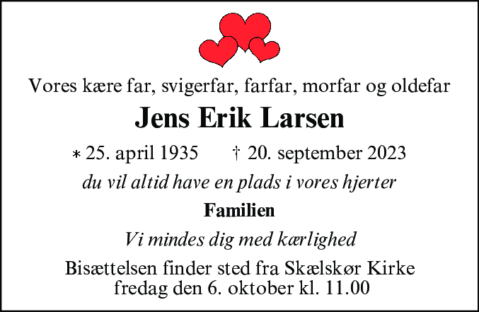 Dødsannonce for Jens Erik Larsen