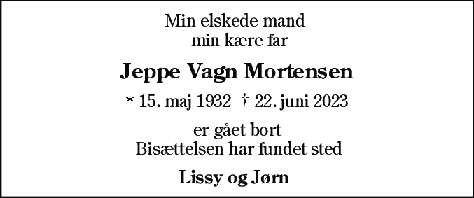 Dødsannonce for Jeppe Vagn Mortensen