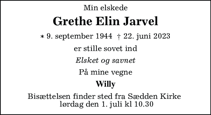 Dødsannonce for Grethe Elin Jarvel