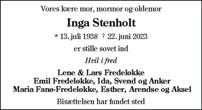 Dødsannonce for Inga Stenholt