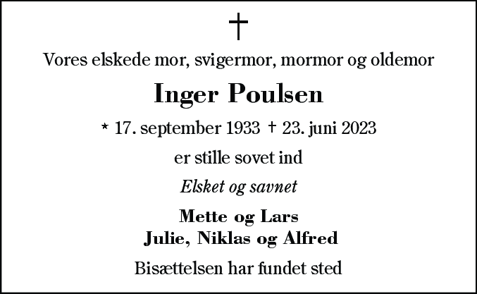 Dødsannonce for Inger Poulsen