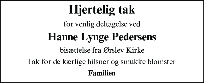 Dødsannonce for Hanne Lynge Pedersen