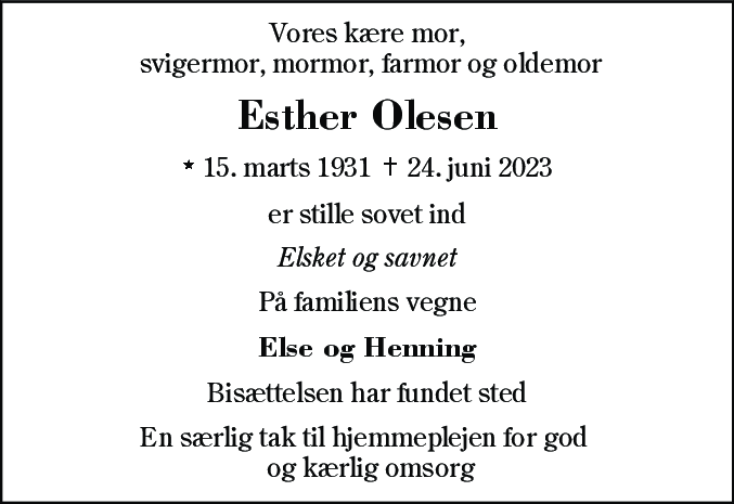 Dødsannonce for Ester Olesen