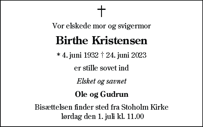 Dødsannonce for Birthe Kristensen