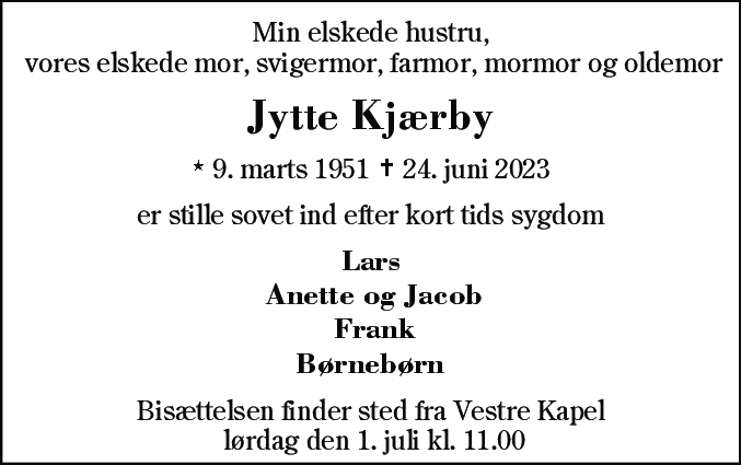 Dødsannonce for Jytte Kjærby