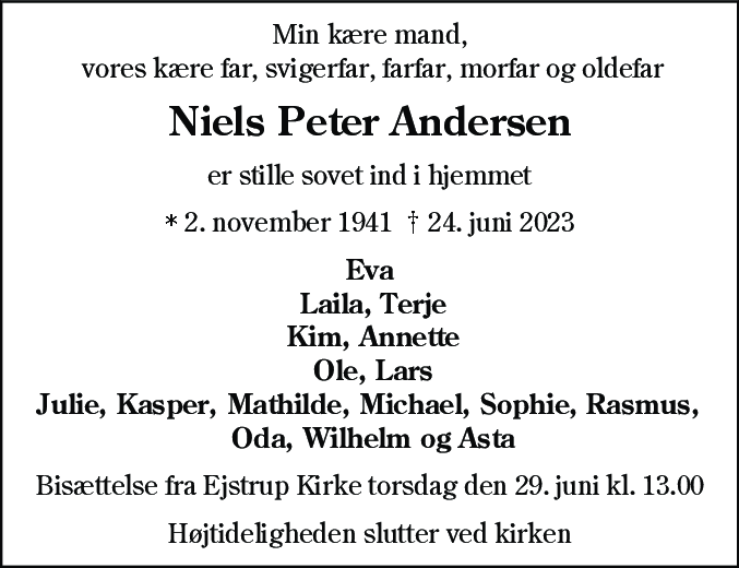 Dødsannonce for Niels Peter Andersen