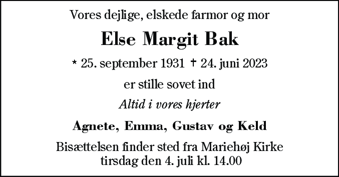 Dødsannonce for Else Margit Bak