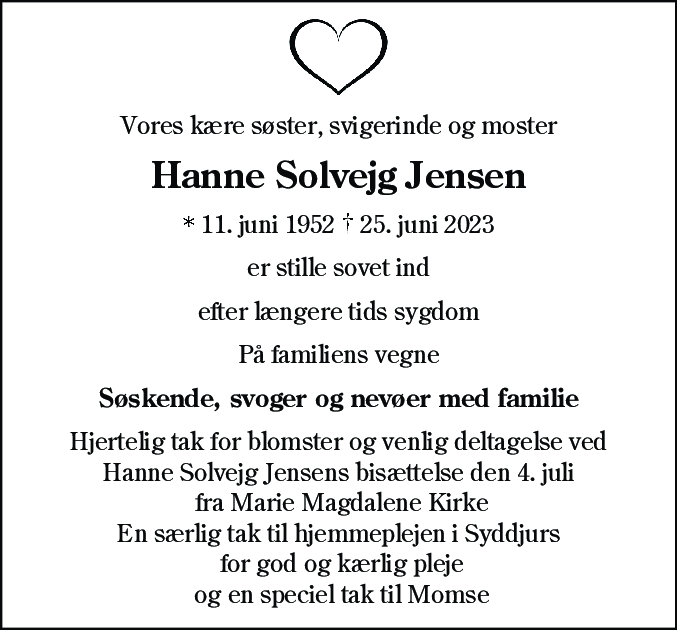 Dødsannonce for Hanne Solvejg Jensen