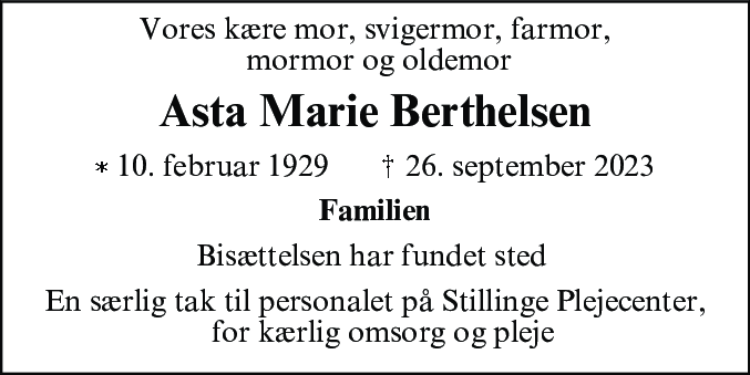 Dødsannonce for Asta Marie Berthelsen